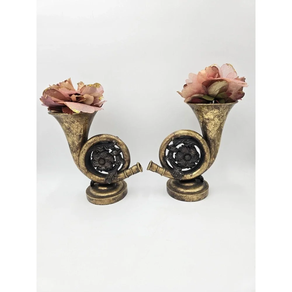 Gold Color French‎ Horn Faux Flower Vases Table Decor Set Of 2
